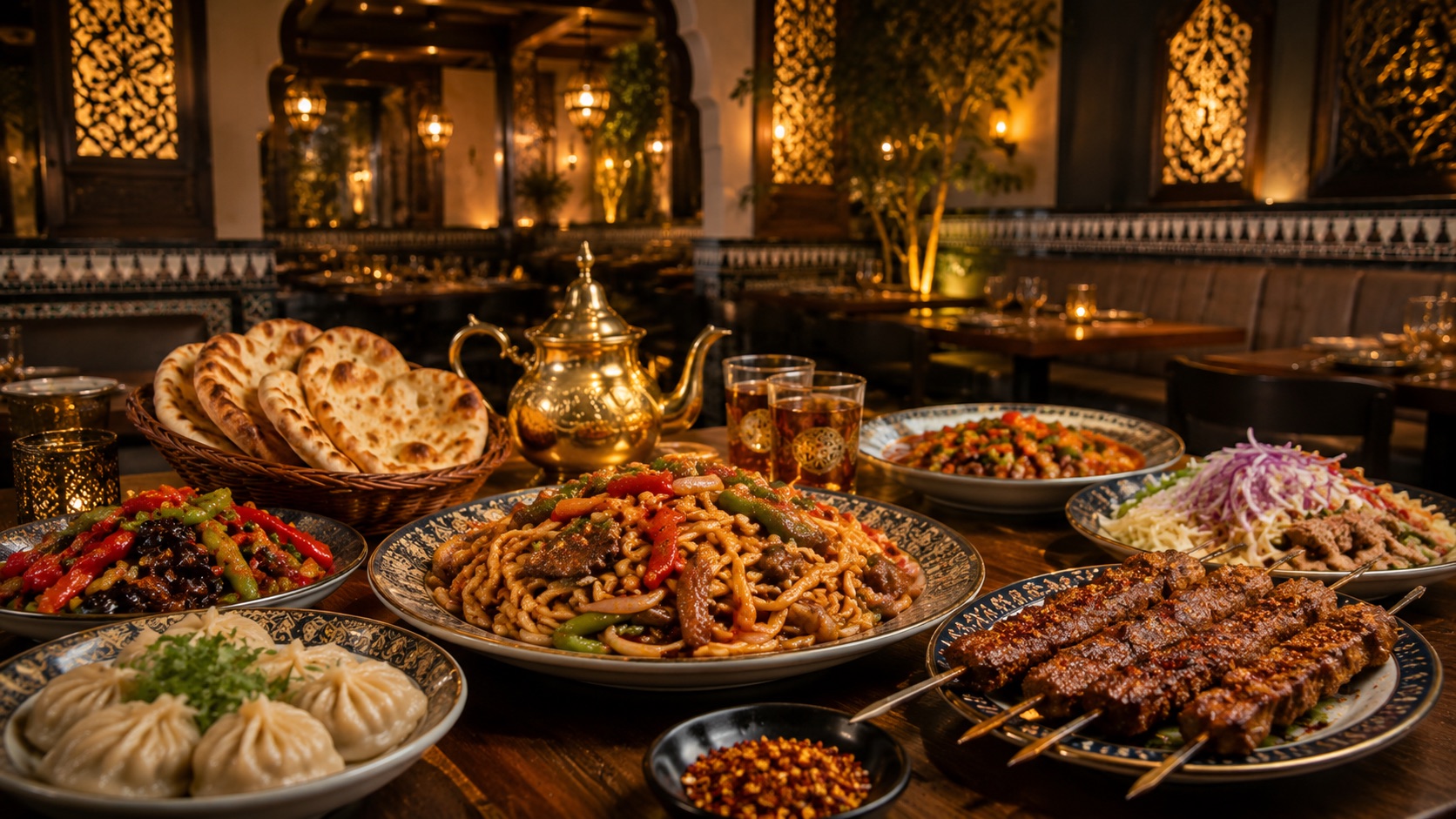 Tisch für die Runde — Lagman, Manta-Dumplings, Kawap, Naan