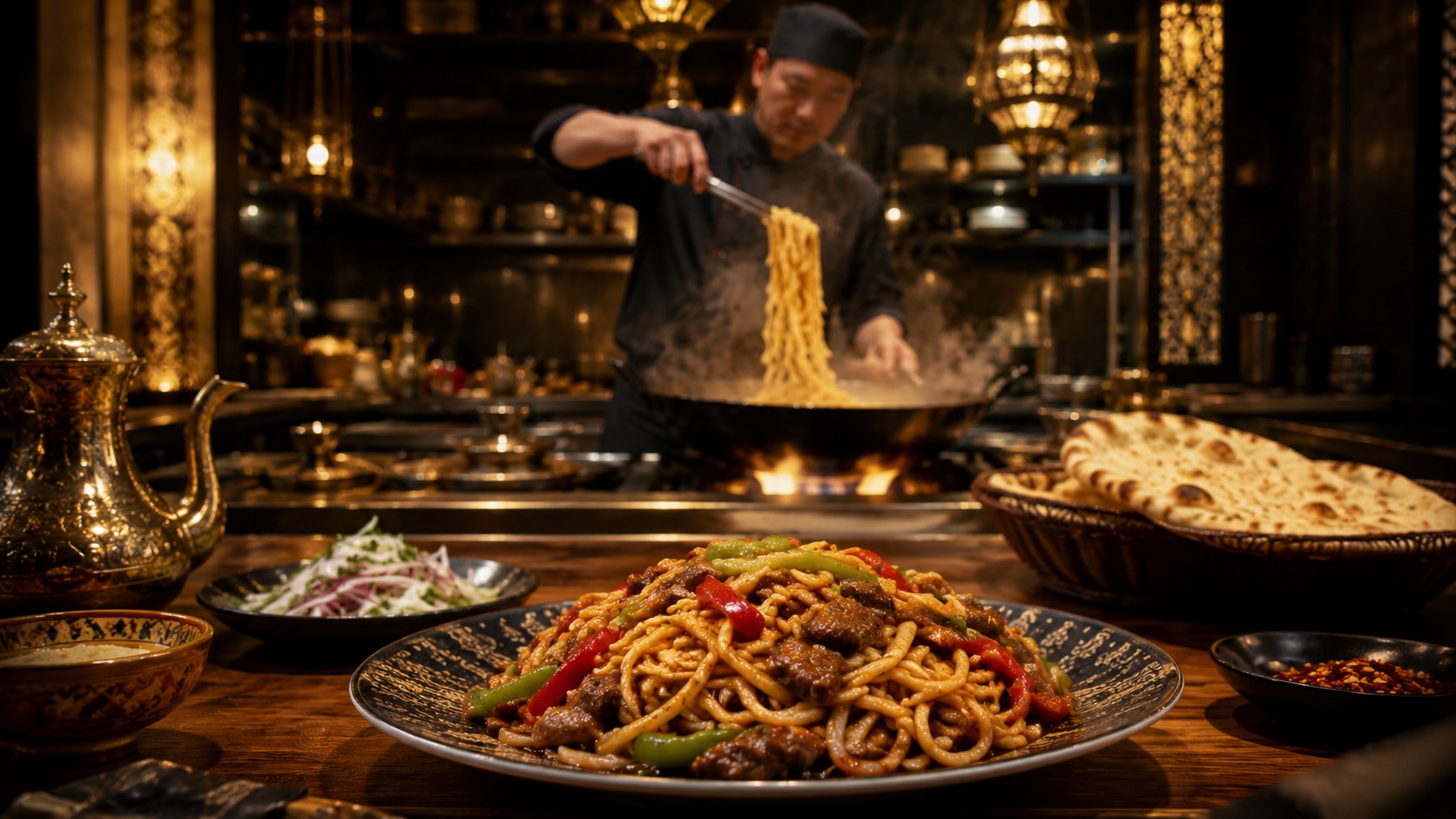 Unser Koch wirft handgezogene Lagman-Nudeln aus dem Wok